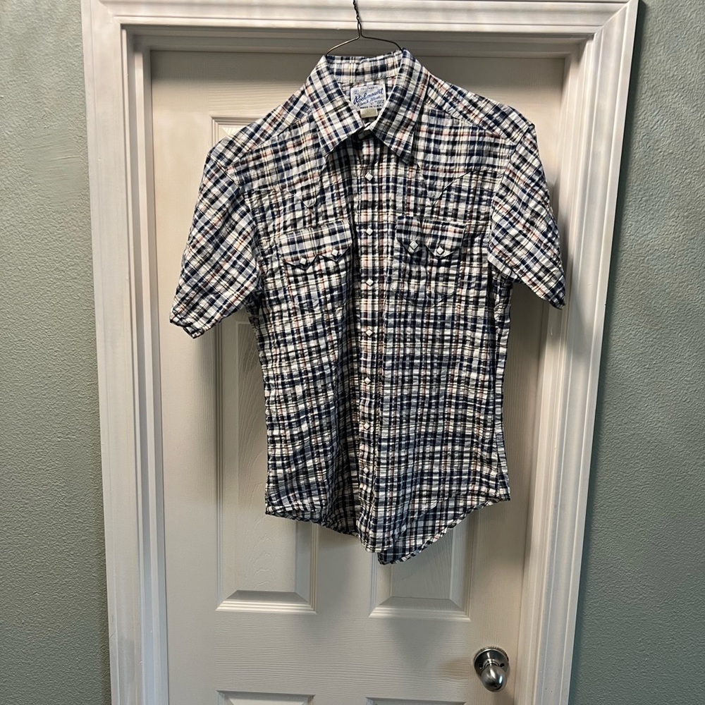 Men's Navy and White Plaid Button-Down Shirt